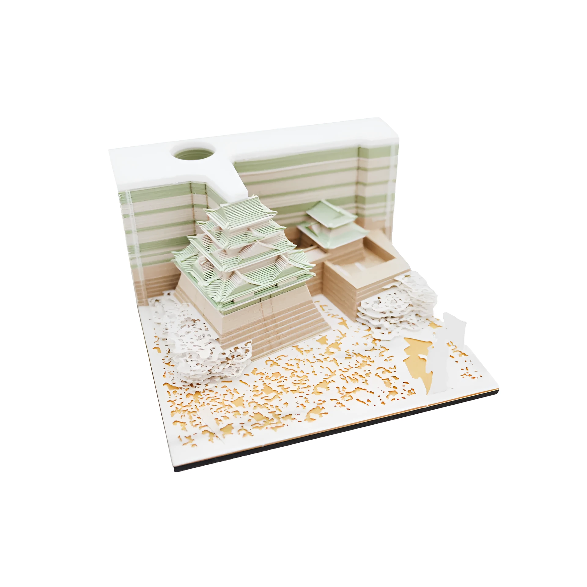 3D papercraft model of Spirited Away's Tianshou Tower in Post-it Note style, available in gold, pink, or white.