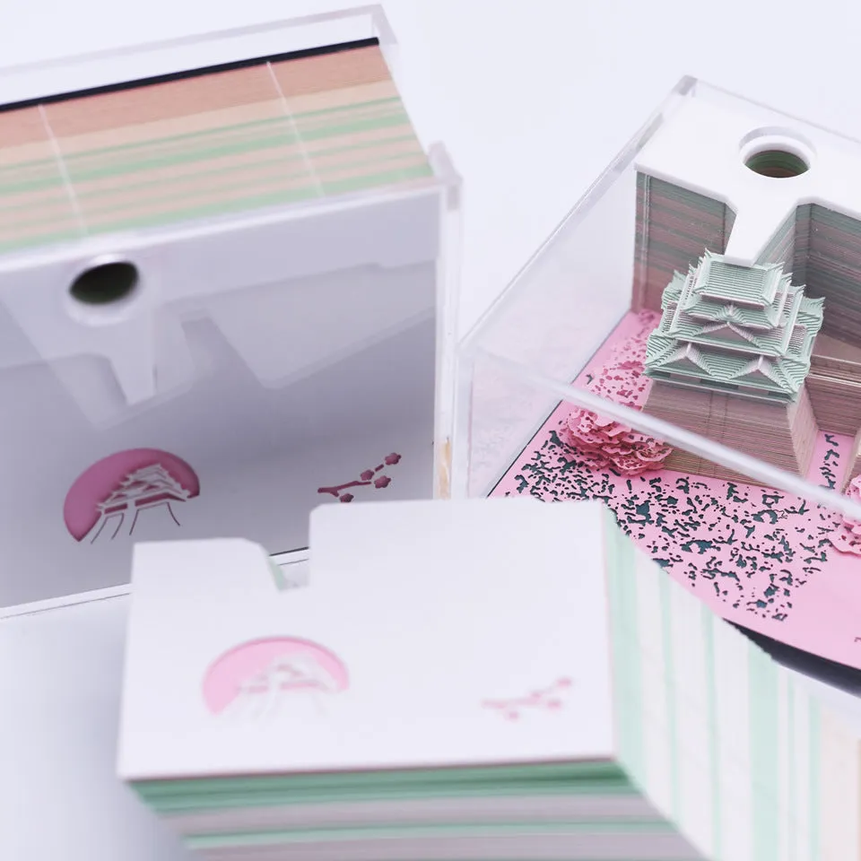 3D papercraft model of Spirited Away's Tianshou Tower in Post-it Note style, available in gold, pink, or white.