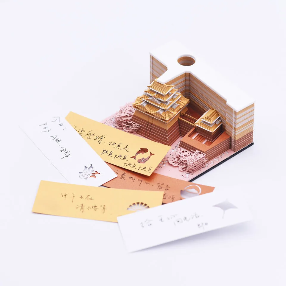 3D papercraft model of Spirited Away's Tianshou Tower in Post-it Note style, available in gold, pink, or white.