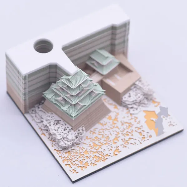 3D papercraft model of Spirited Away's Tianshou Tower in Post-it Note style, available in gold, pink, or white.