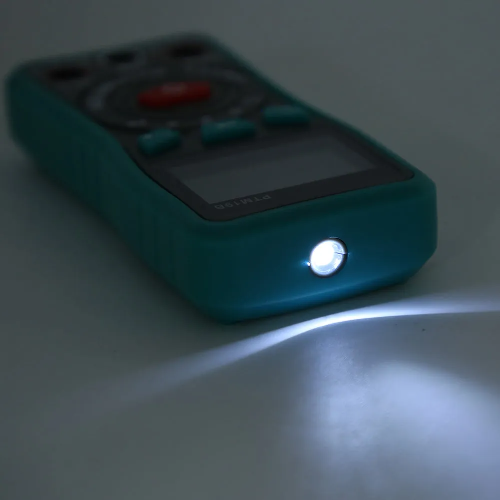 Green PTM automatic digital multimeter with LED display and rear bracket.