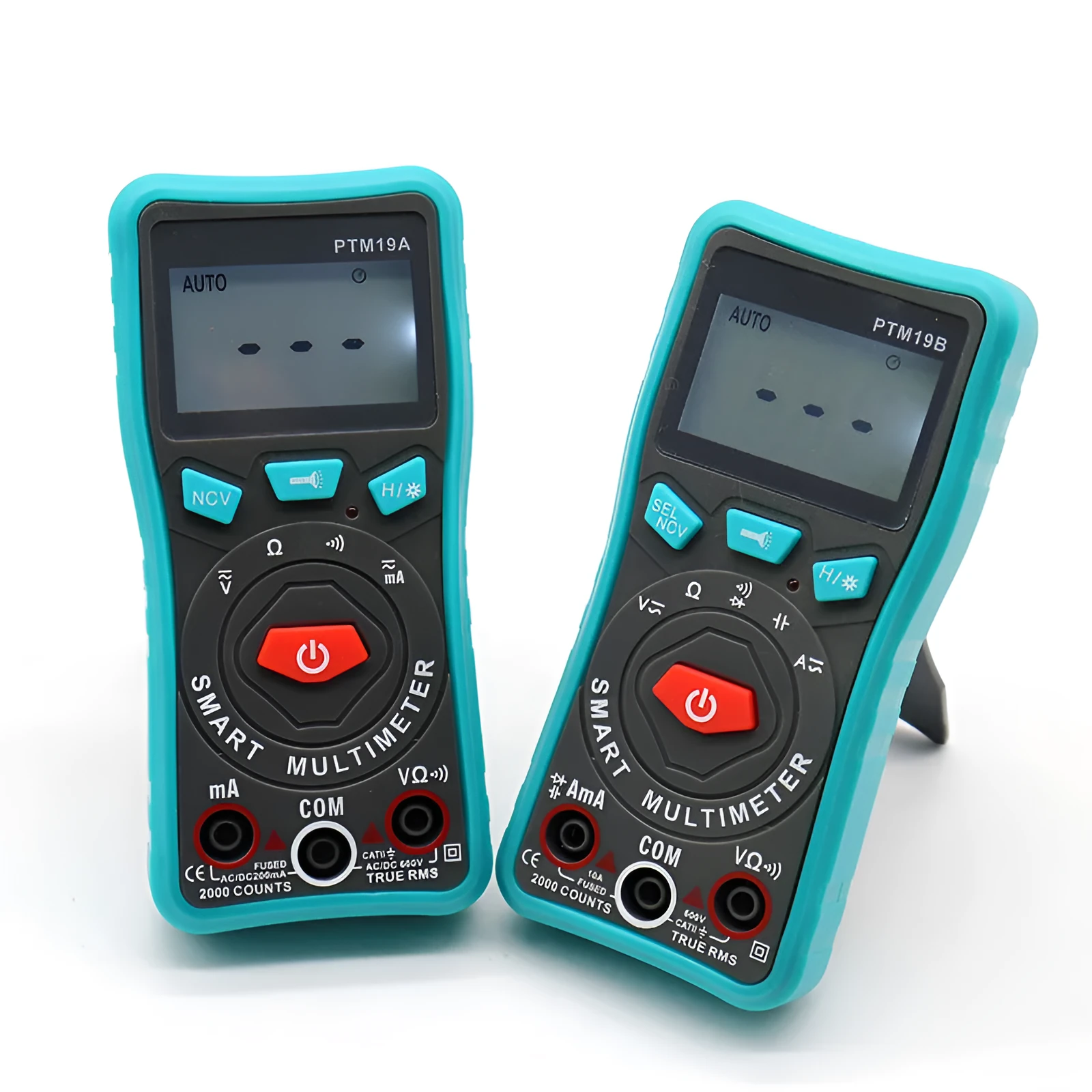 Green PTM automatic digital multimeter with LED display and rear bracket.