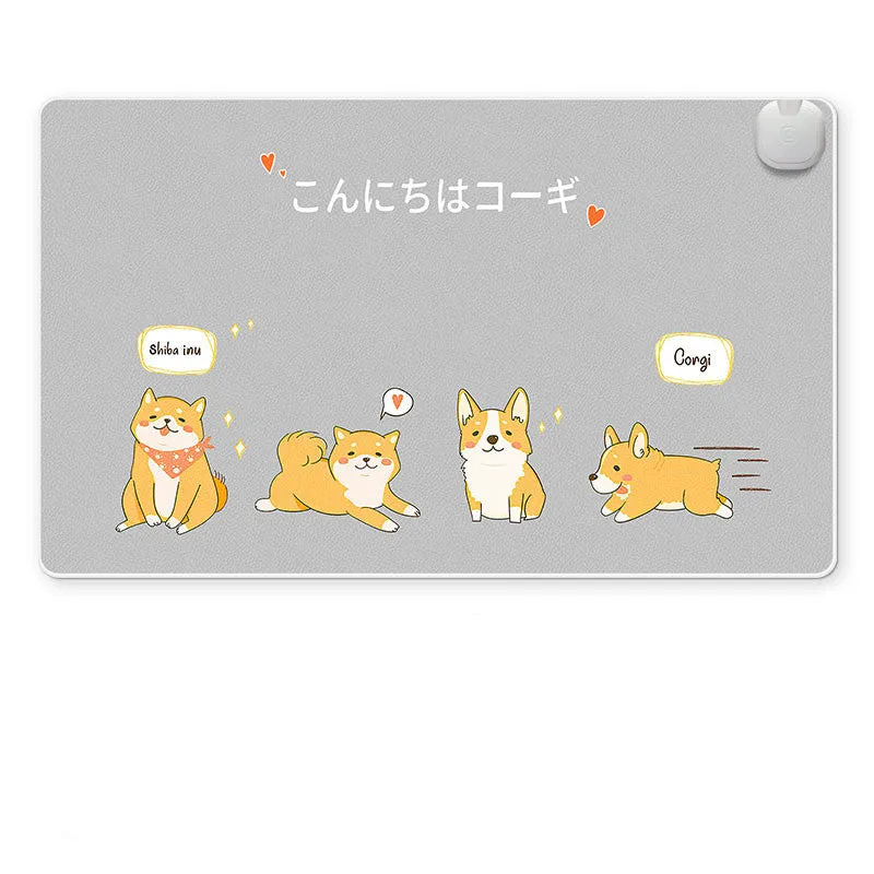 Intelligent heated desk mat with temperature control buttons and LED indicators on desktop