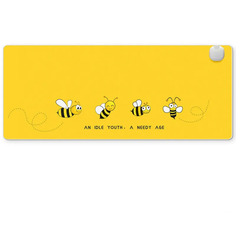 Intelligent heated desk mat with temperature control buttons and LED indicators on desktop