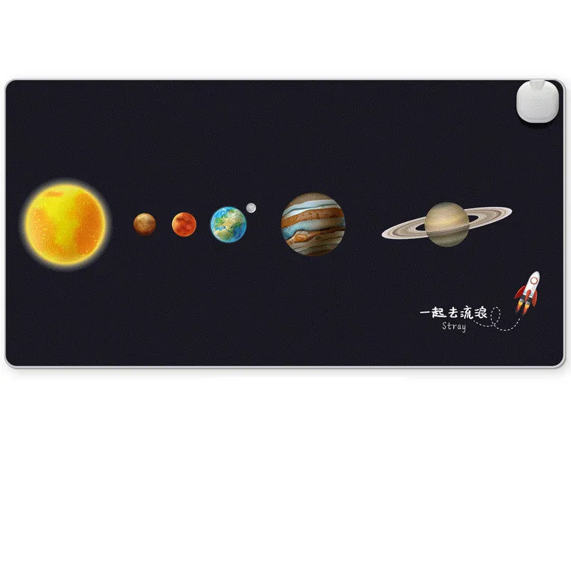 Intelligent heated desk mat with temperature control buttons and LED indicators on desktop