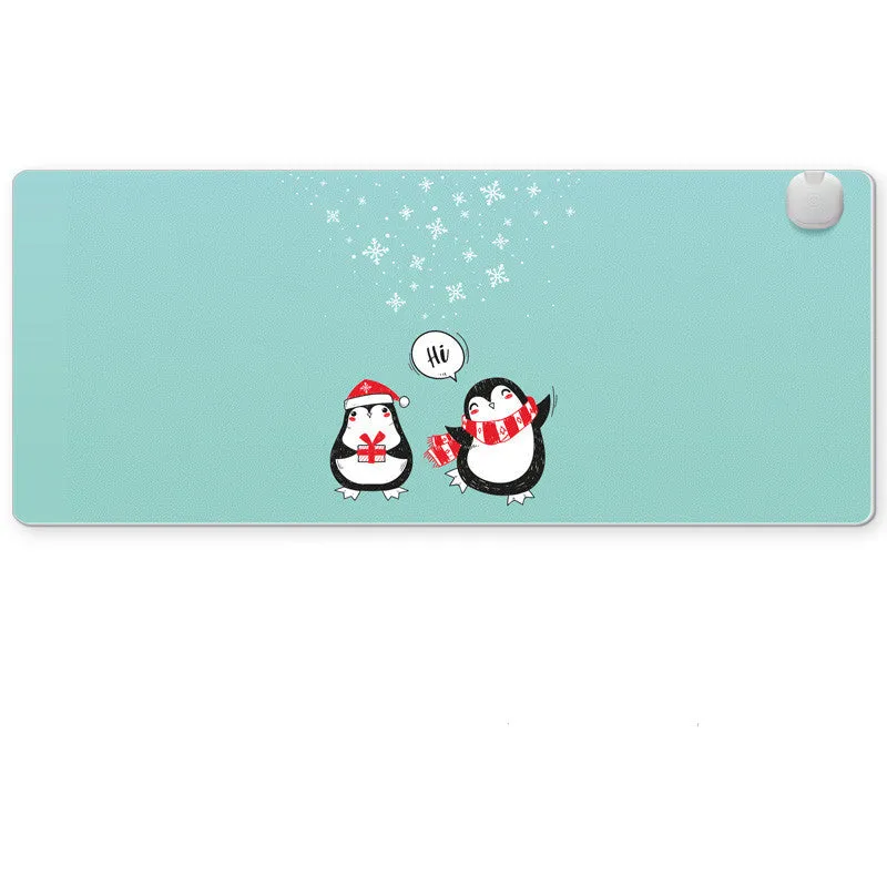 Intelligent heated desk mat with temperature control buttons and LED indicators on desktop