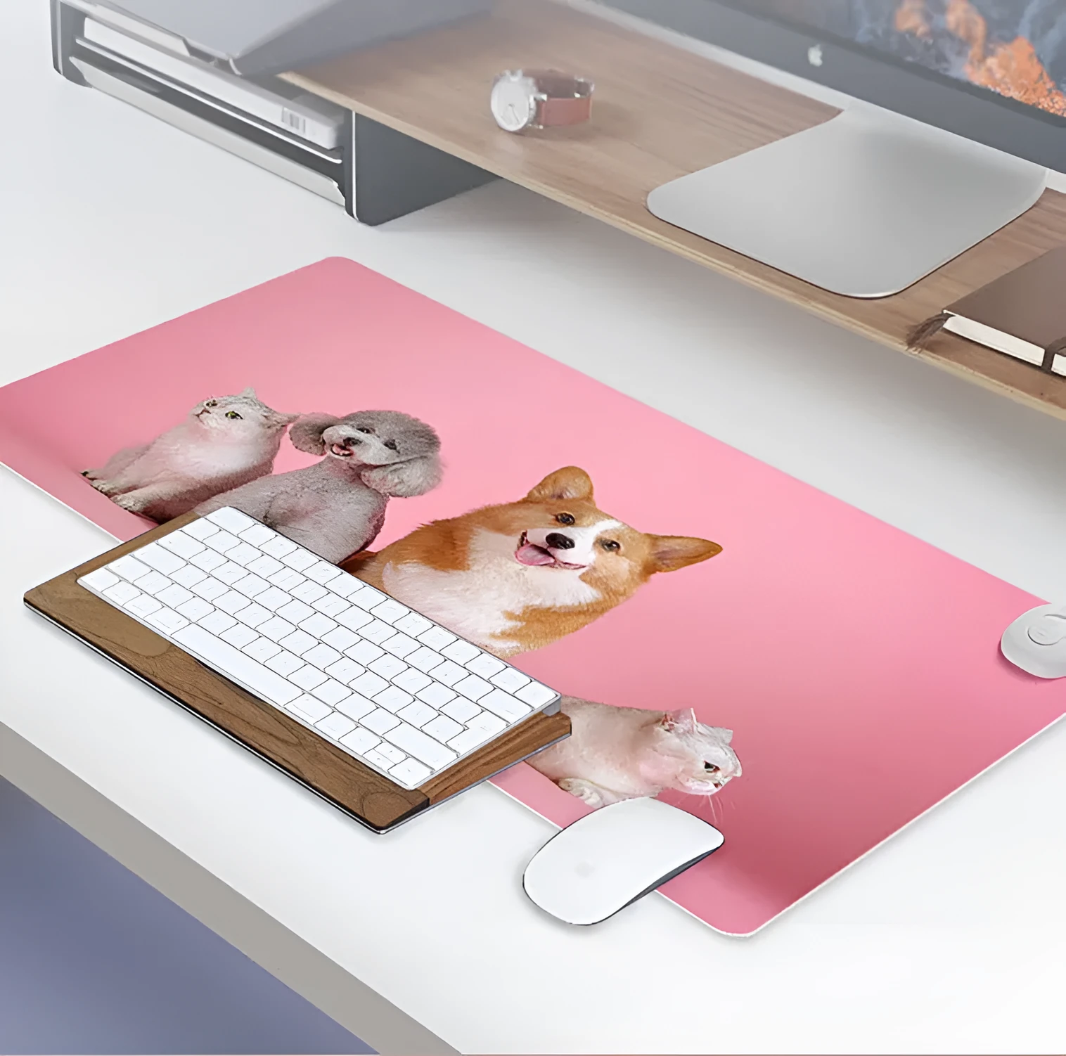 Intelligent heated desk mat with temperature control buttons and LED indicators on desktop