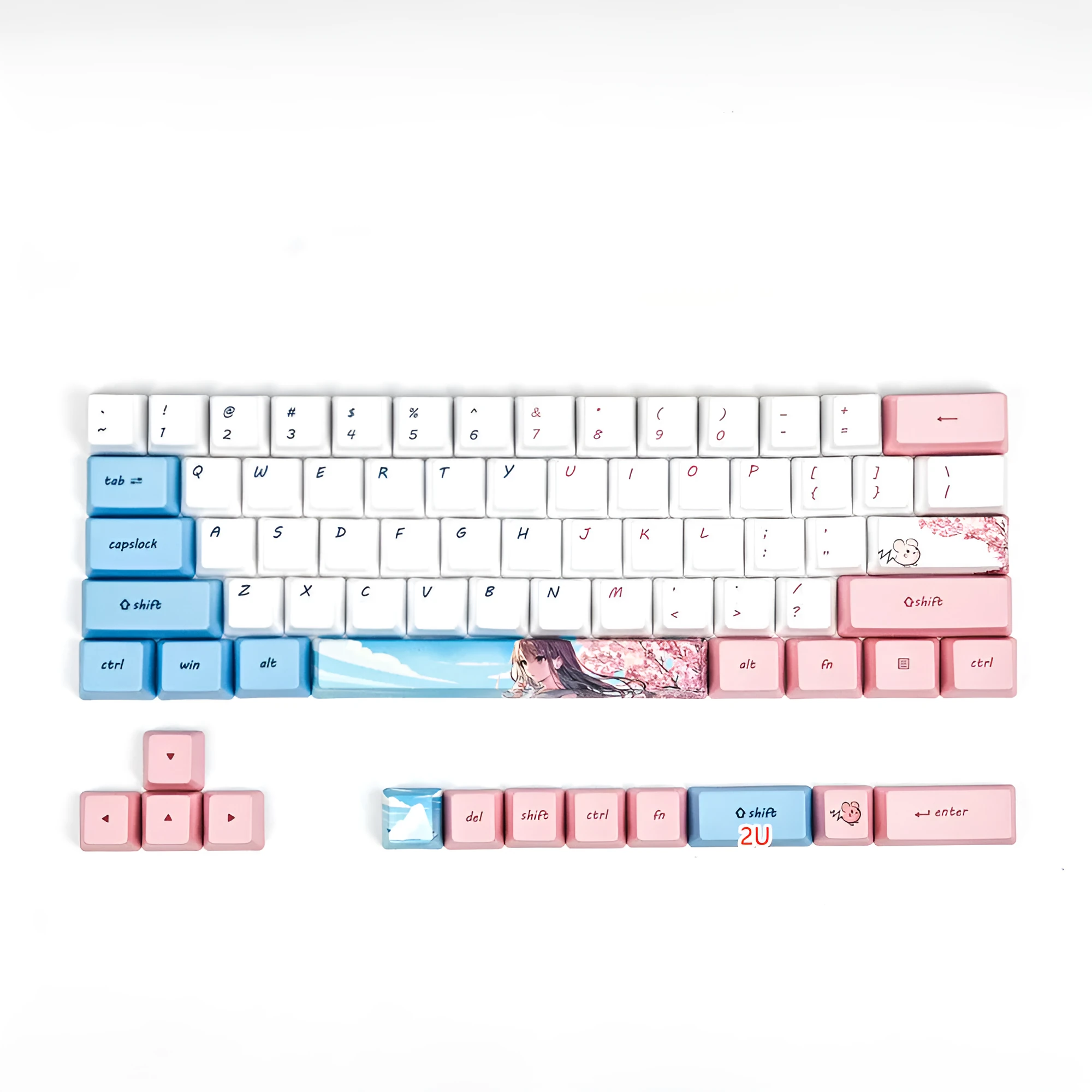 PBT keycap set with cartoon anime characters for GK61 mechanical keyboard in cherry blossom pink