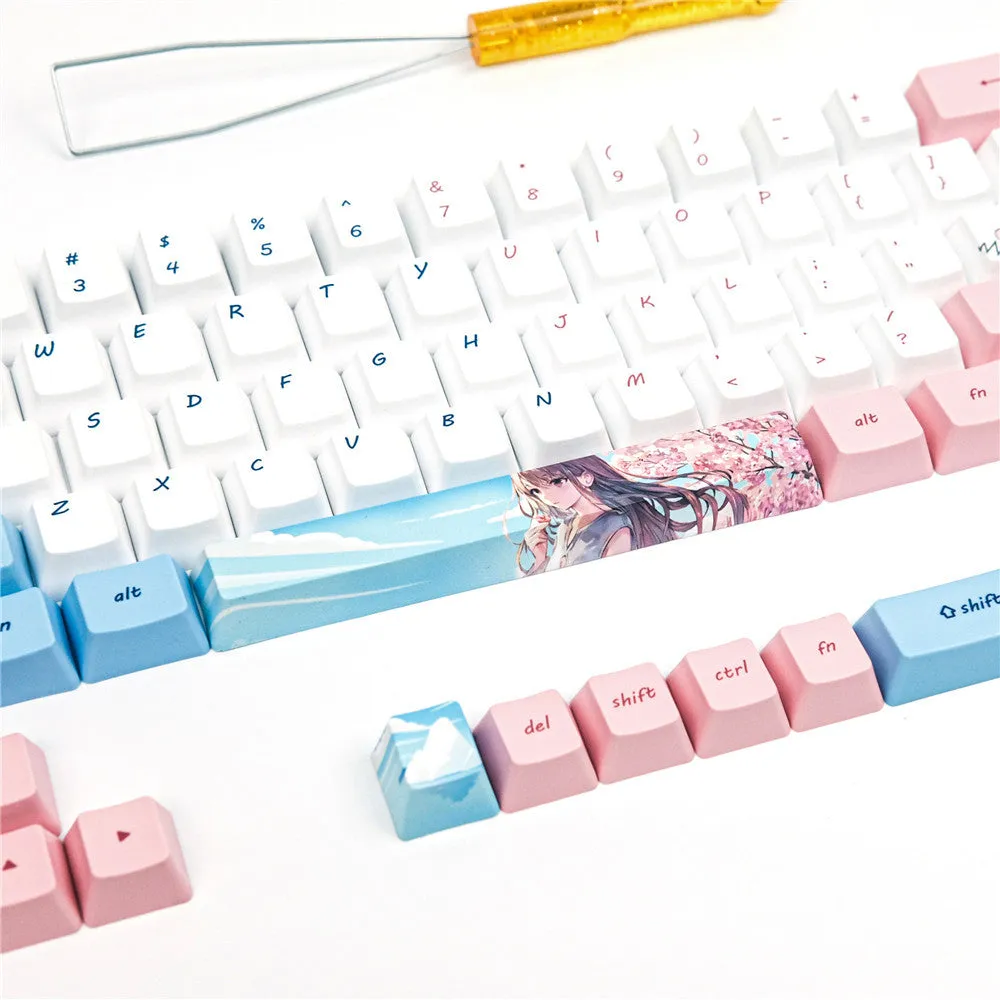 PBT keycap set with cartoon anime characters for GK61 mechanical keyboard in cherry blossom pink