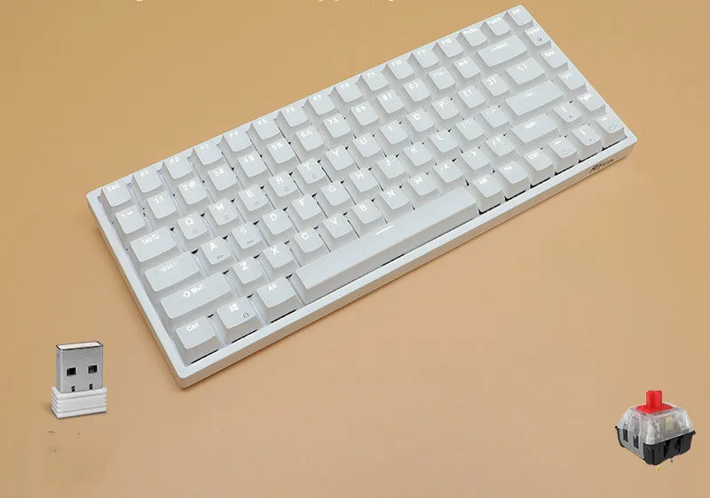 84-key three-mode mechanical keyboard with hot-swappable sockets in white or black case with white backlighting