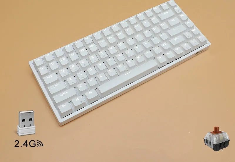 84-key three-mode mechanical keyboard with hot-swappable sockets in white or black case with white backlighting