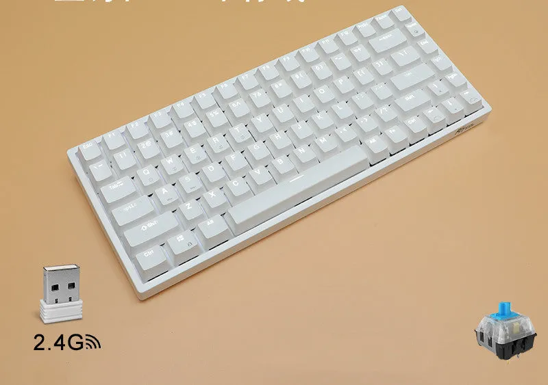 84-key three-mode mechanical keyboard with hot-swappable sockets in white or black case with white backlighting