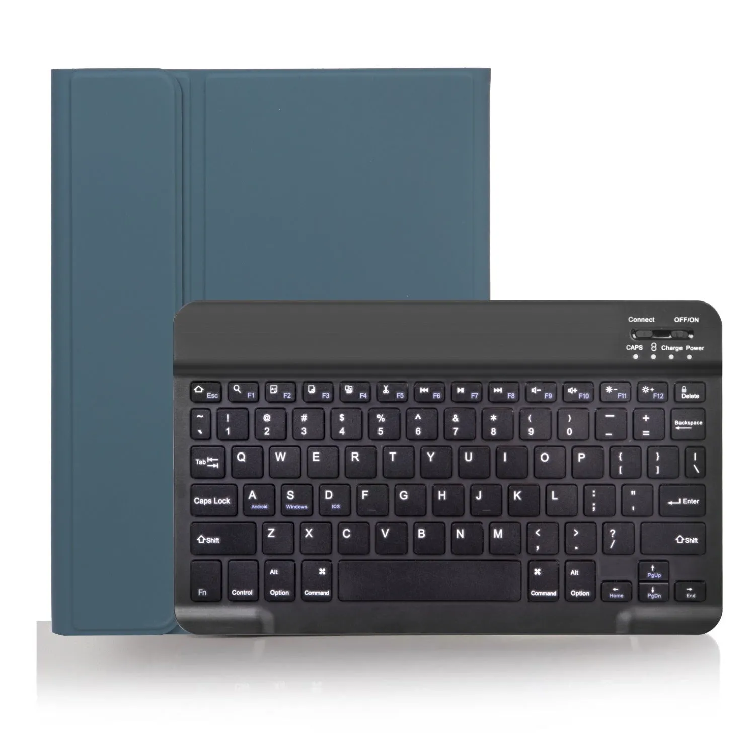 External Bluetooth wireless keyboard with a matching split leather protective case in green and black colour scheme.