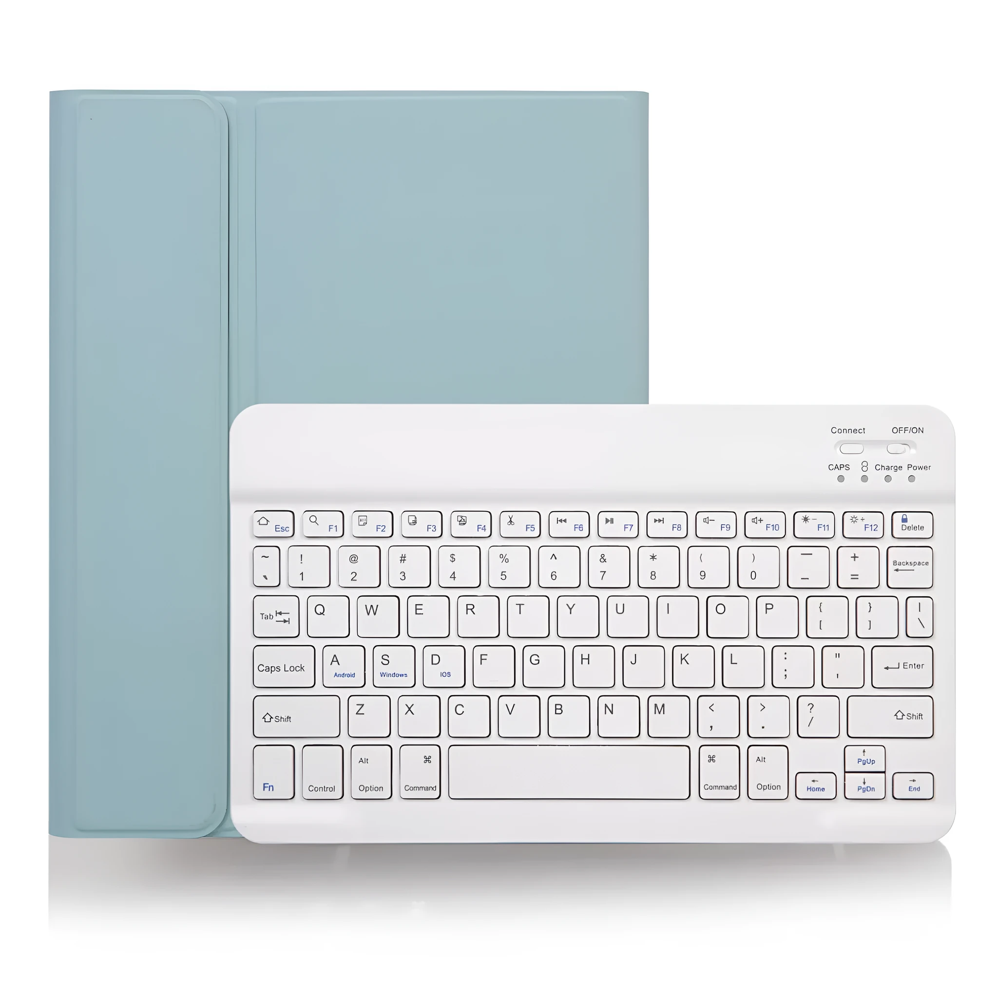 External Bluetooth wireless keyboard with a matching split leather protective case in green and black colour scheme.