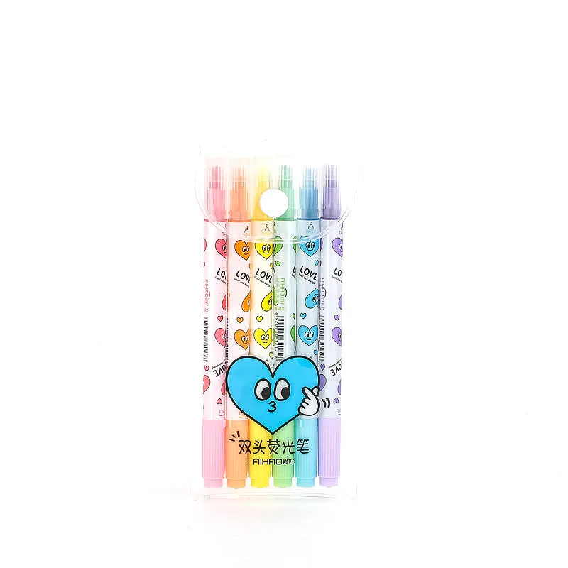 Set of six double-headed watercolour highlighter pens in pink, orange, yellow, green, blue, and purple.