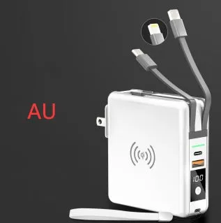 Super Qi wireless power bank in black with folding plug extended and four international adapter heads.