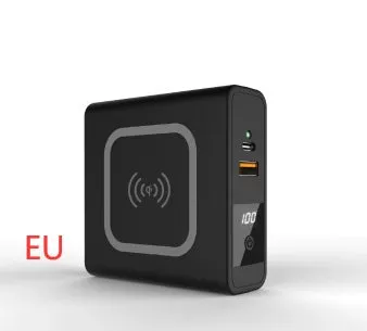 Super Qi wireless power bank in black with folding plug extended and four international adapter heads.