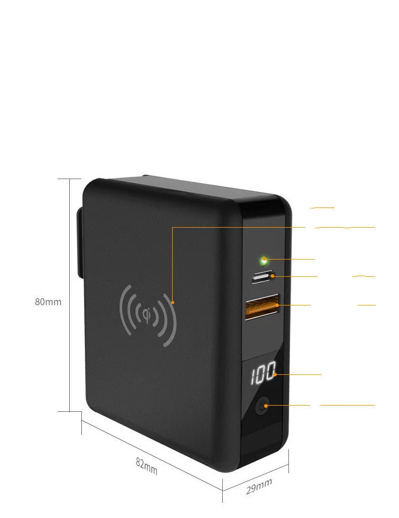 Super Qi wireless power bank in black with folding plug extended and four international adapter heads.