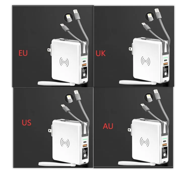 Super Qi wireless power bank in black with folding plug extended and four international adapter heads.