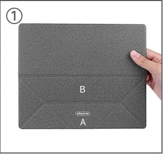 Blue foldable laptop cooling stand with non-slip surface shown open and closed, next to a 15-inch notebook.