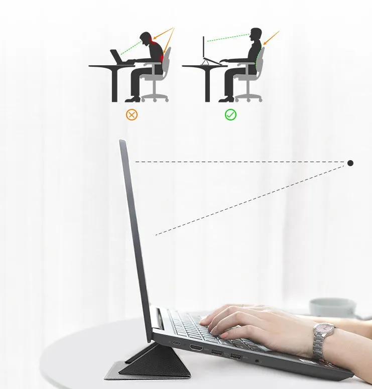 Blue foldable laptop cooling stand with non-slip surface shown open and closed, next to a 15-inch notebook.