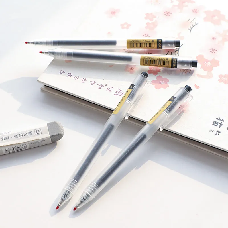 Set of twelve black frosted gel pens with retractable design and 0.5mm tips alongside two spare refills