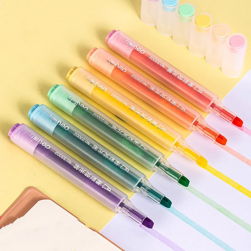 Deli S605 oblique head fibre-tip highlighter marker pens in macaron colours with transparent penholder