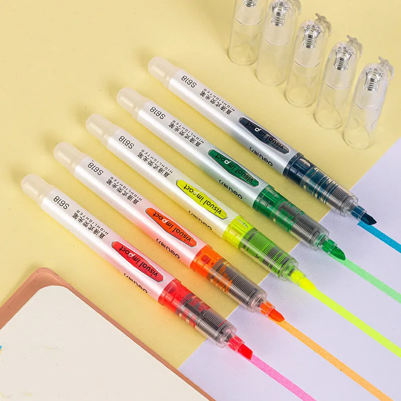 Deli S605 oblique head fibre-tip highlighter marker pens in macaron colours with transparent penholder