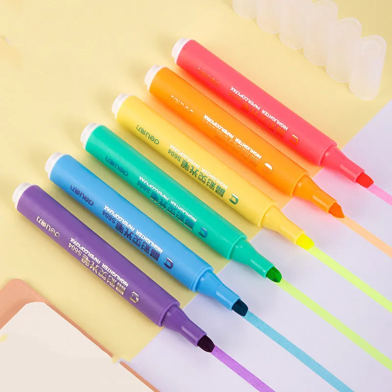 Deli S605 oblique head fibre-tip highlighter marker pens in macaron colours with transparent penholder
