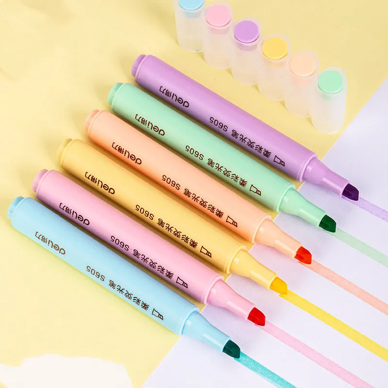 Deli S605 oblique head fibre-tip highlighter marker pens in macaron colours with transparent penholder