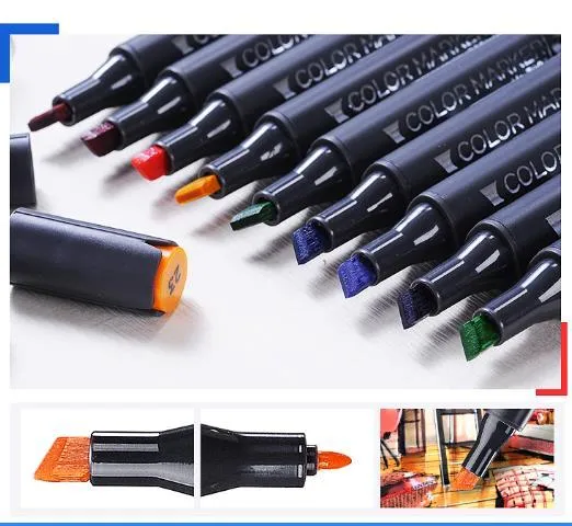 Double-headed alcohol oily colour animation paint pens with round and inclined nibs in multiple colour set options