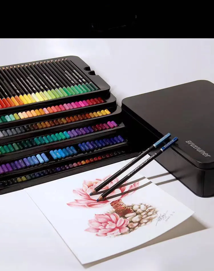 Wooden oil-based coloured pencils in a metal tin, showing vibrant rainbow colours suitable for brush painting.