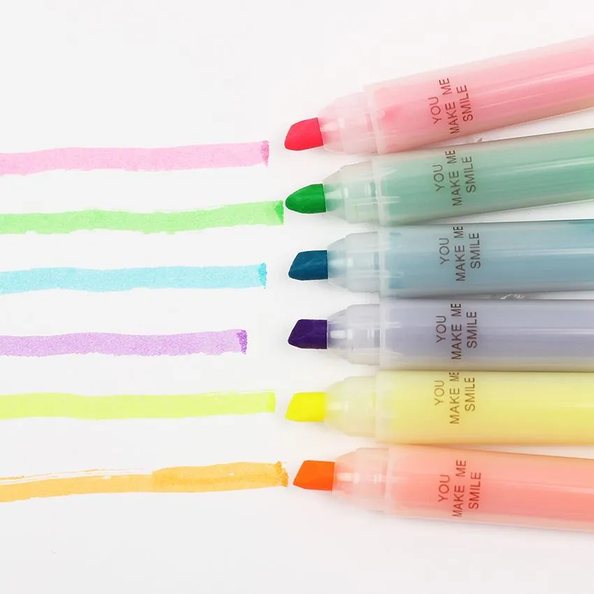 Set of six plastic highlighter pens with oblique chisel tips in different fluorescent colours.