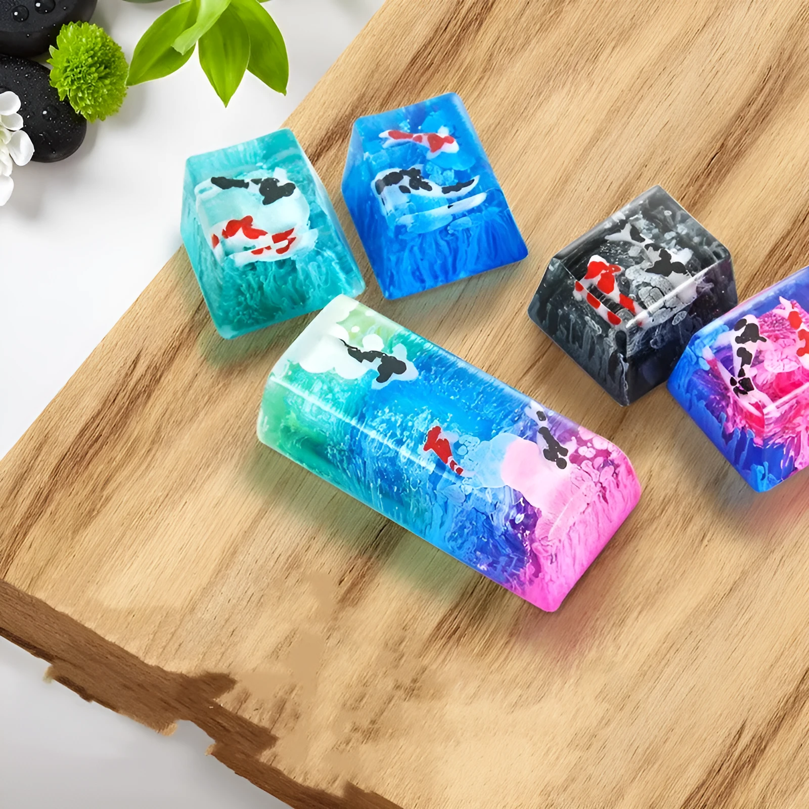 Handcrafted resin keycap with 3D koi fish scenery for Cherry MX mechanical keyboards.