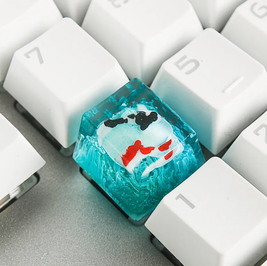 Handcrafted resin keycap with 3D koi fish scenery for Cherry MX mechanical keyboards.