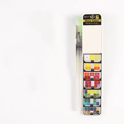 Open fan-shaped foldable solid watercolour paint set showing colours, fountain pen, palette, and sponge in transparent box.