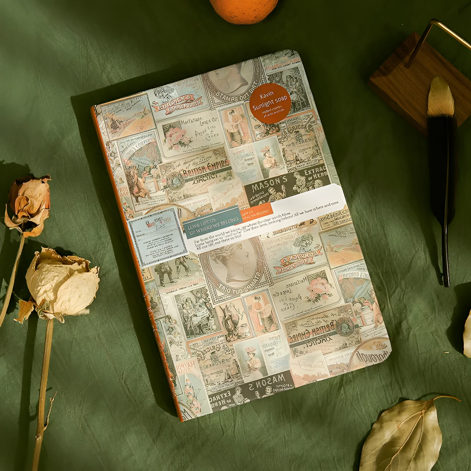 A5 kraft paper mood notebook with retro illustration cover in blue, coffee, or red, showing coloured pages.