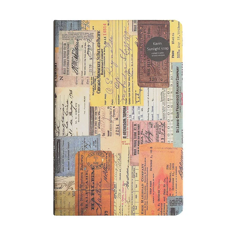 A5 kraft paper mood notebook with retro illustration cover in blue, coffee, or red, showing coloured pages.