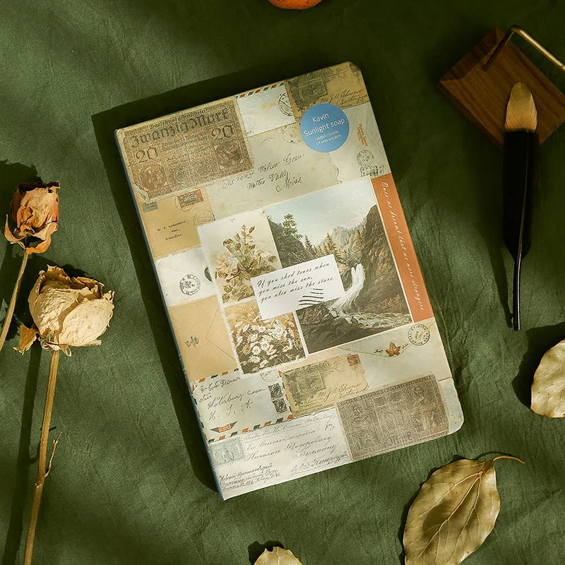 A5 kraft paper mood notebook with retro illustration cover in blue, coffee, or red, showing coloured pages.