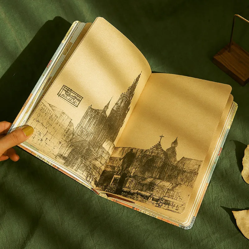 A5 kraft paper mood notebook with retro illustration cover in blue, coffee, or red, showing coloured pages.