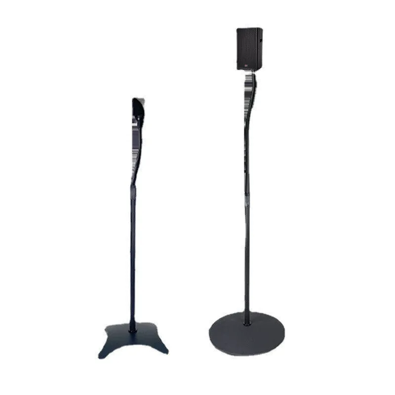 A black universal satellite speaker stand bracket on a shelf, next to an iPhone.