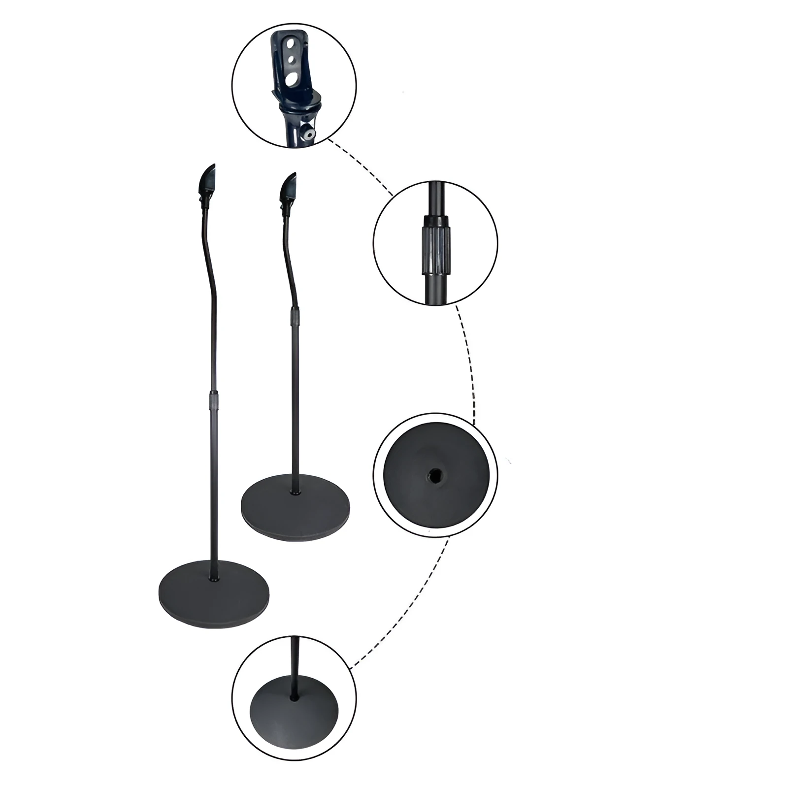A black universal satellite speaker stand bracket on a shelf, next to an iPhone.