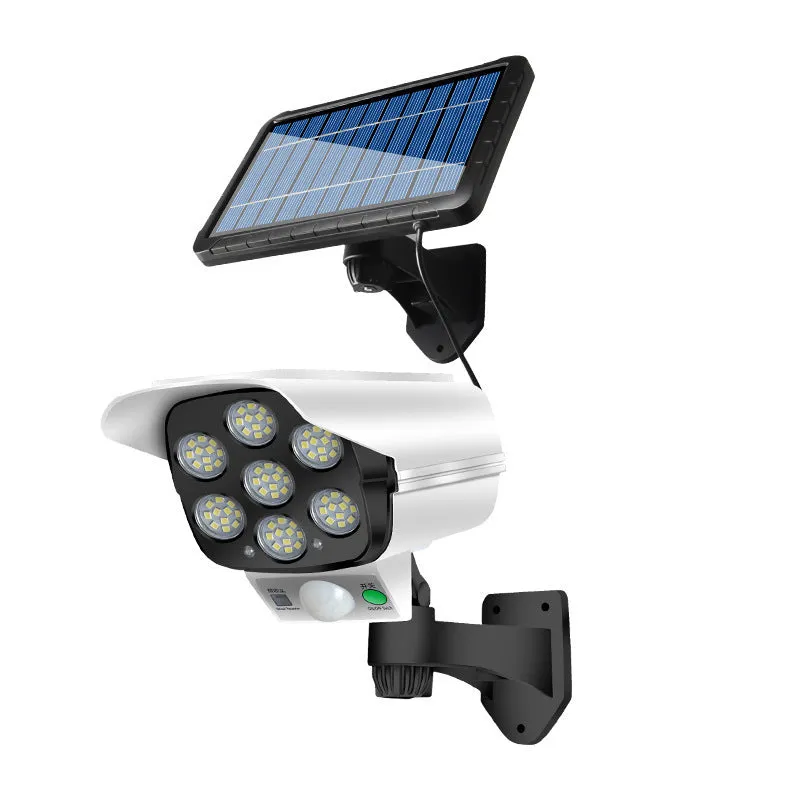 Outdoor solar simulation monitor lamp with abstract design for courtyard wall mounting.