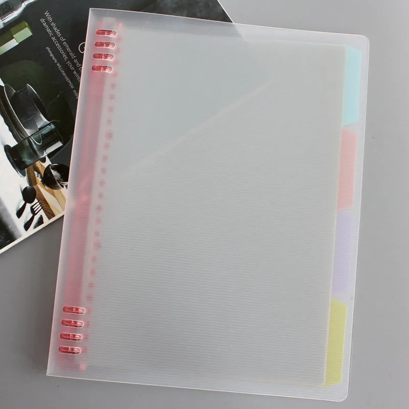 B5 refillable notebook with PP plastic shell in blue, green, pink, yellow, and transparent colours, showing 8-hole binder binding.