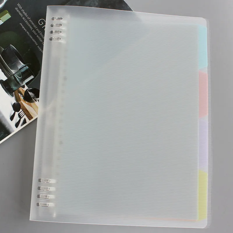 B5 refillable notebook with PP plastic shell in blue, green, pink, yellow, and transparent colours, showing 8-hole binder binding.