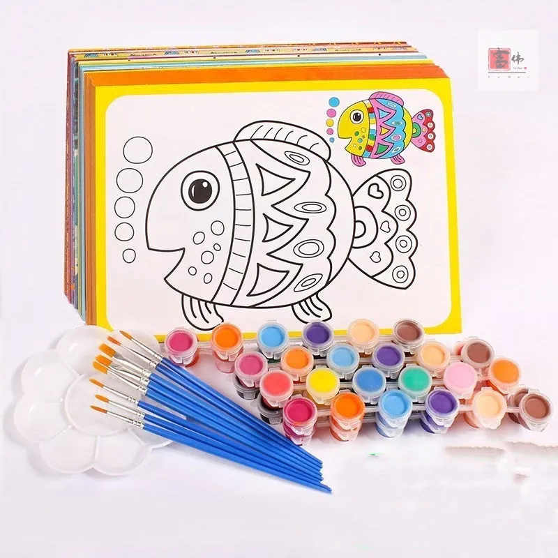 Children's gouache painting set showing sketch pad with pre-printed picture, 8 rows of pigments, and painting pens.