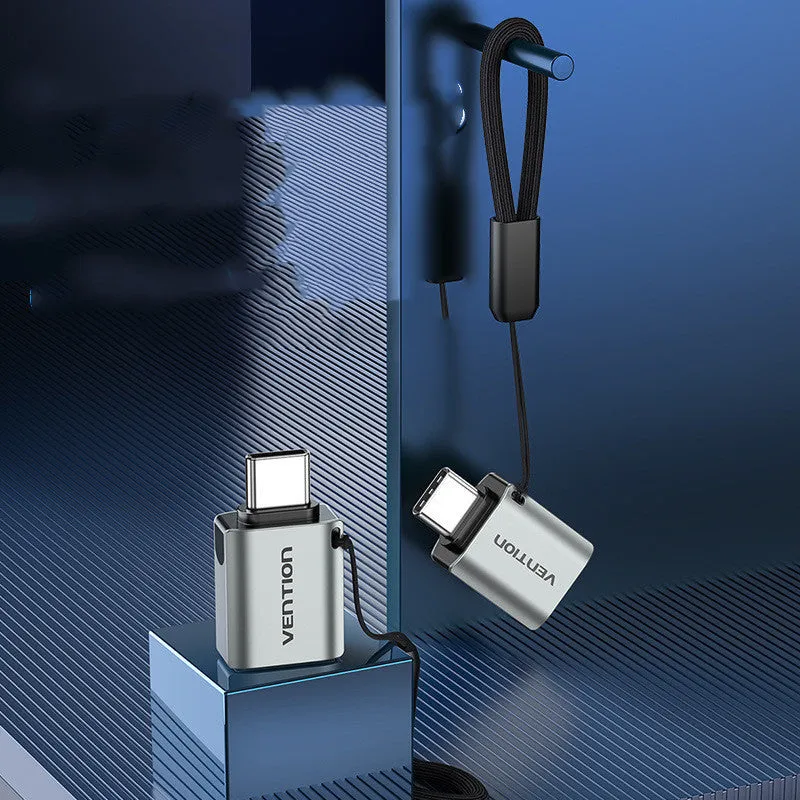 Grey aluminium USB 3.0 Type-C male to USB-A female OTG adapter with lanyard