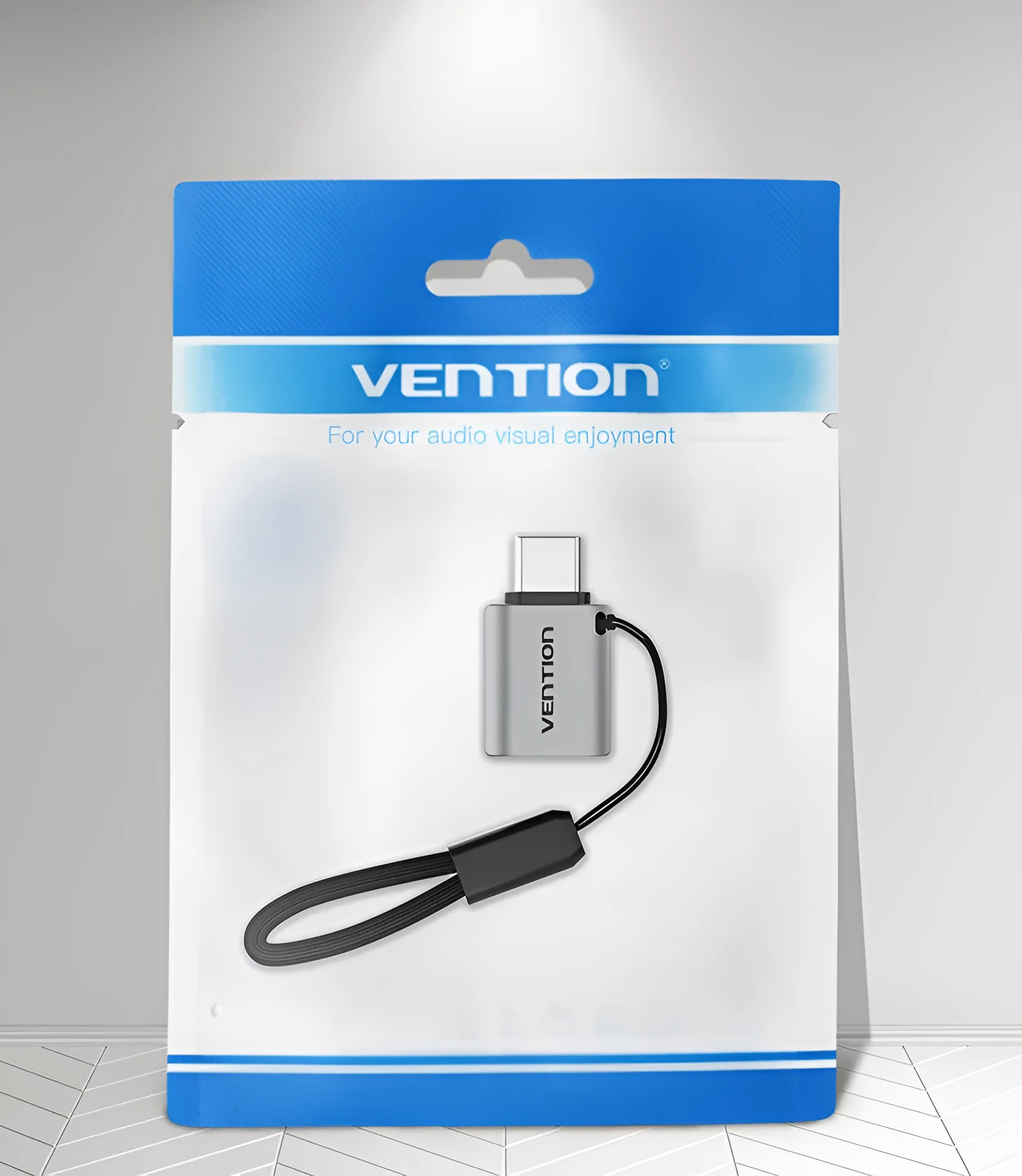 Grey aluminium USB 3.0 Type-C male to USB-A female OTG adapter with lanyard