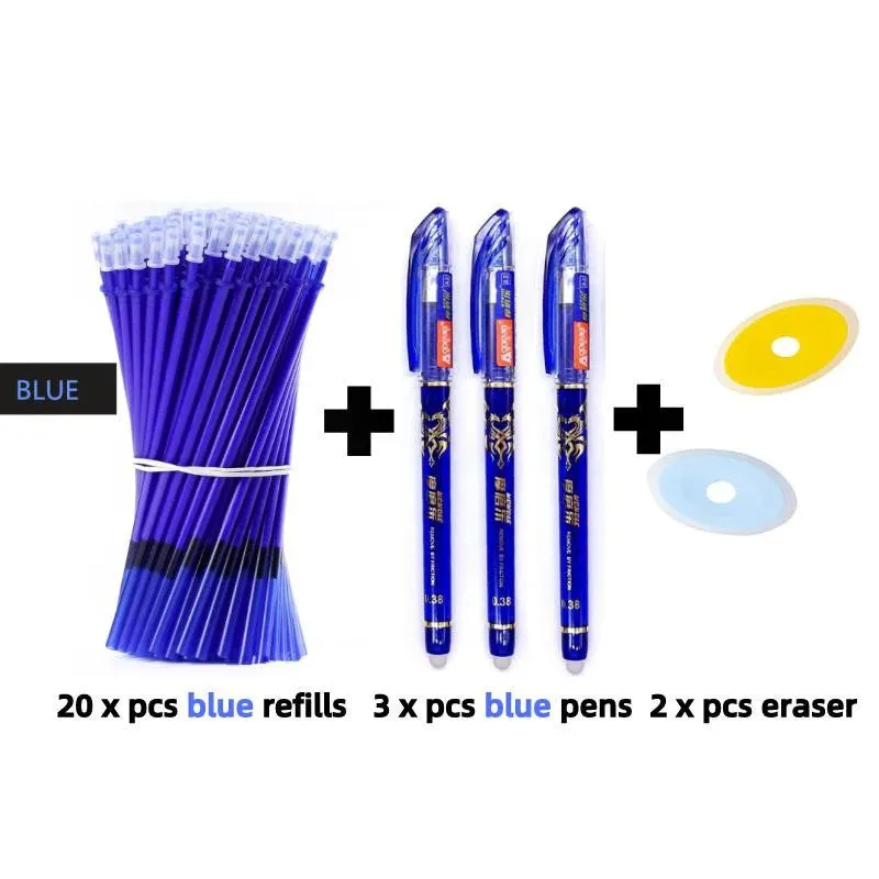 0.5mm heat-erasable pen in black and blue with plastic shell and refill components
