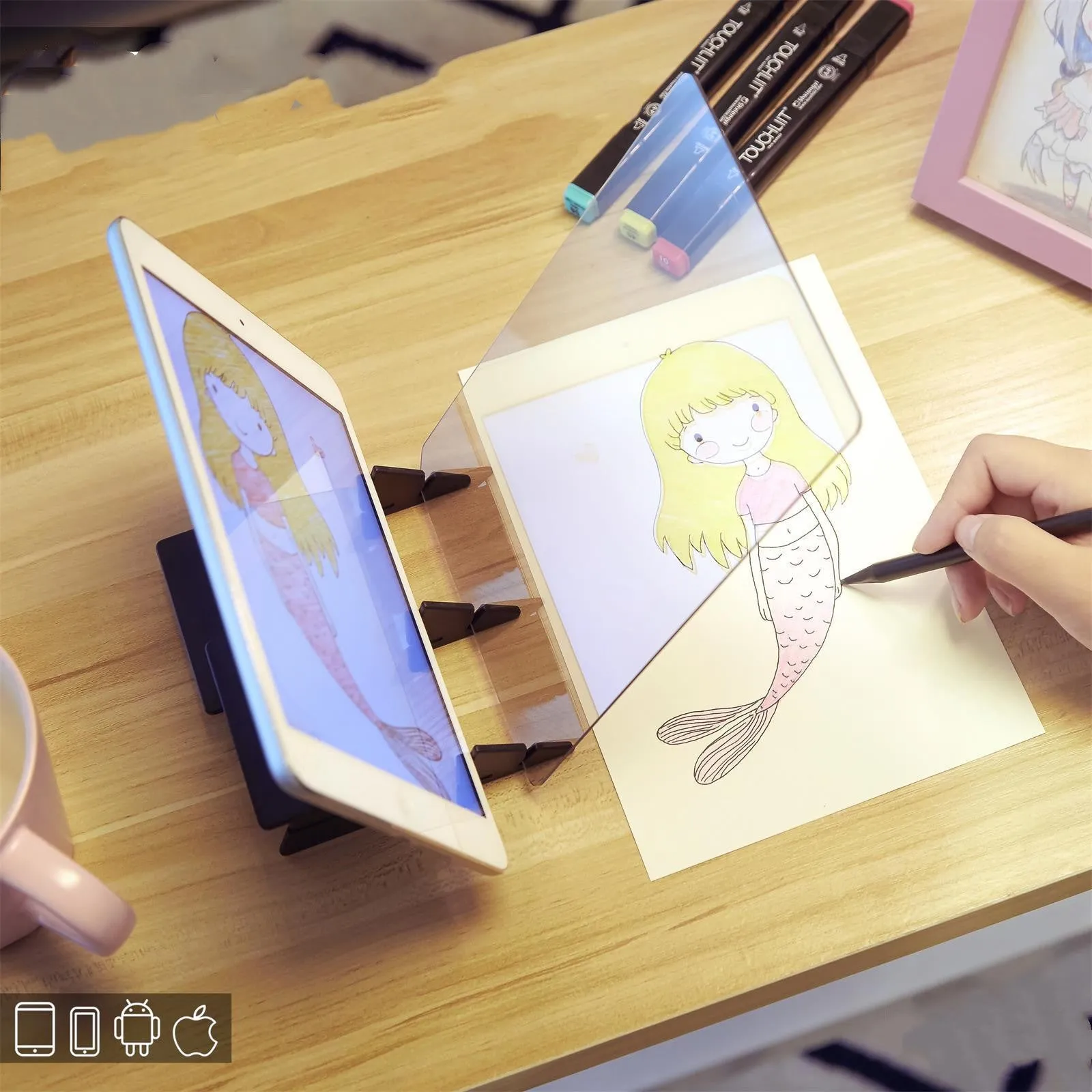 Transparent wood drawing board art copying station measuring 20.2 by 13.5 centimetres
